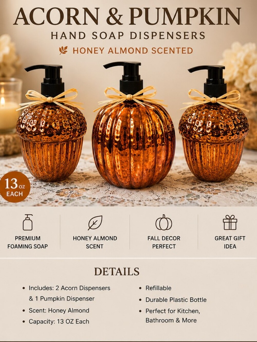 🍂 Set of 3 Honey Almond Hand Soap Dispensers – 2 Acorns & 1 Pumpkin | Fall Bath